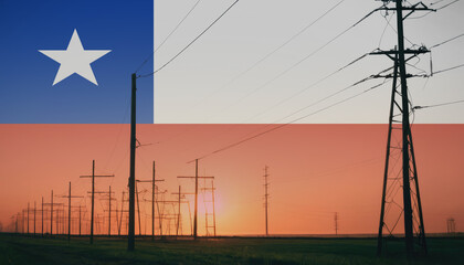 Chile flag on electric pole background. Power shortage and increased energy consumption in Chile. Energy development and energy crisis