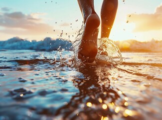Closeup of man's feet walking on the beach during a golden sunset.
