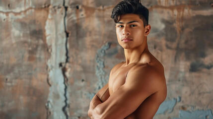 Fototapeta na wymiar copy space, stockphoto, very handsome Latino male model, boy-ish handsome look, 20 years old, well athletic build. Very attractive well build photo model. Handsome attractive sporty Latino young man. 