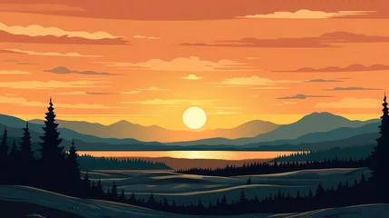 Muurstickers A landscape of Sunset over lake. landscape with a lake and mountains in the background. landscape of mountain lake and forest with sunset in evening. beautiful view of sunset over lake. © jokerhitam289