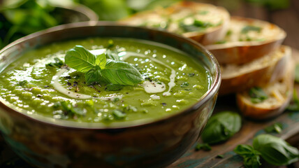 Green vegetable soup with basil and bread.