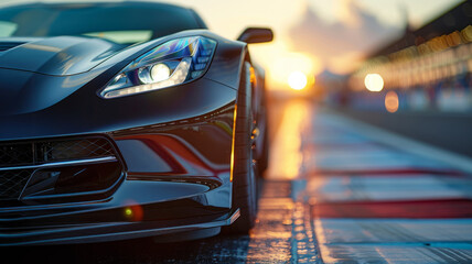 Close-up of a black sports car at sunset on a track.
