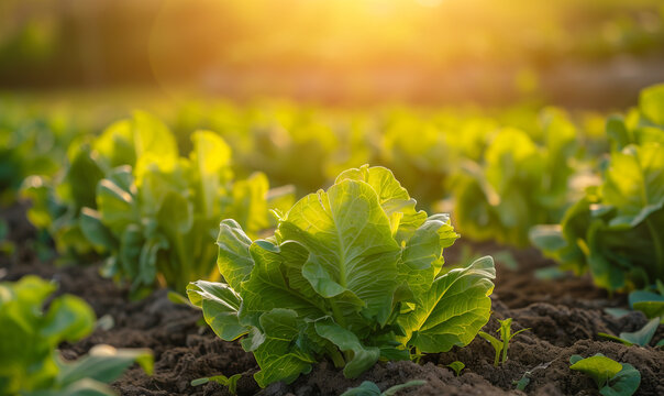 Lettuce plant on field vegetable and agriculture sunset and light. 