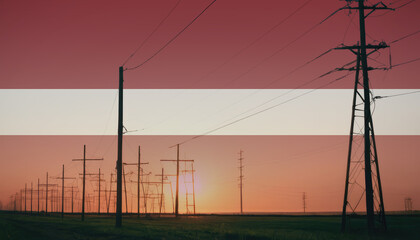 Latvia flag on electric pole background. Power shortage and increased energy consumption in Latvia. Energy development and energy crisis