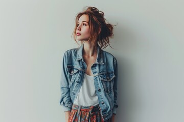Pretty Young Woman in Cropped Denim Jacket and Midi Skirt photo on white isolated background - obrazy, fototapety, plakaty