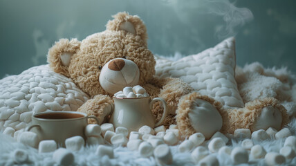Obraz na płótnie Canvas A teddy bear with a cup and marshmallows.