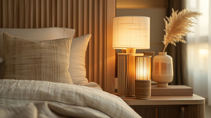 Bedroom interior with lamp and cozy bedding.