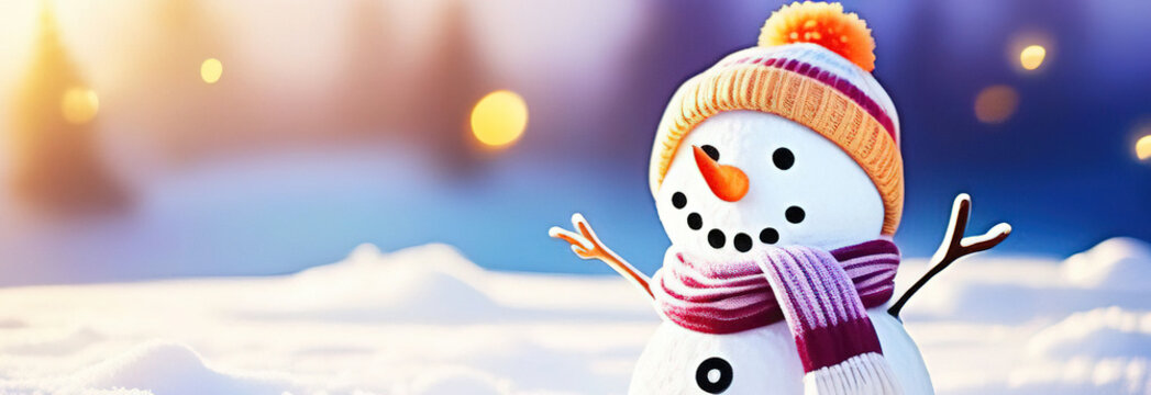 Banner with cute funny laughing snowman with wool hat and scarf on snowscape. Winter background with copy space.