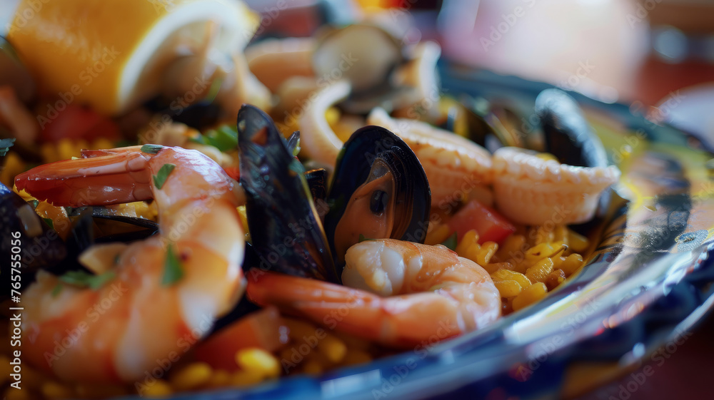 Wall mural Seafood paella with shrimp and shellfish