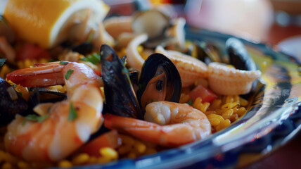 Seafood paella with shrimp and shellfish