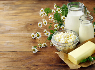 dairy products milk, cottage cheese, cheese, butter