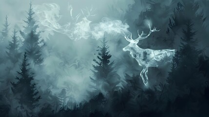 Silhouette of a Smoke Gun Forming an Ethereal Tattoo-Style Animal in a Dark Forest