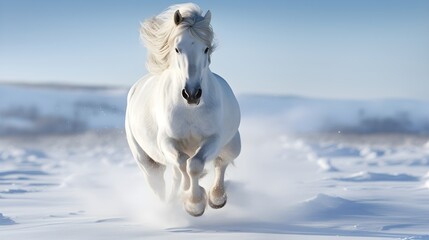 Obraz na płótnie Canvas Beautiful white horse running in the snow, white hair, beautiful forest covered with heavy snow in background,