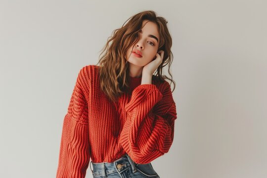 Pretty Young Woman in Cropped Knit Sweater and High-Waisted Jeans photo on white isolated background