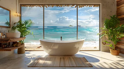 Foto op Plexiglas A beachfront bathroom with a freestanding bathtub, driftwood accents, and ocean view © Akash Tholiya