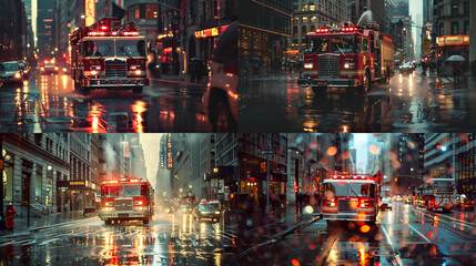Un camión de bomberos clásico respondiendo a través de una calle bulliciosa y lluviosa de la ciudad - obrazy, fototapety, plakaty