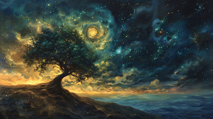 pintura brillante de un árbol con estrellas en el cielo - obrazy, fototapety, plakaty