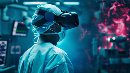 cirujano con casco de realidad virtual, realizando virtualmente una cirugía