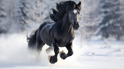 Black Friesian horse galloping in the snow,