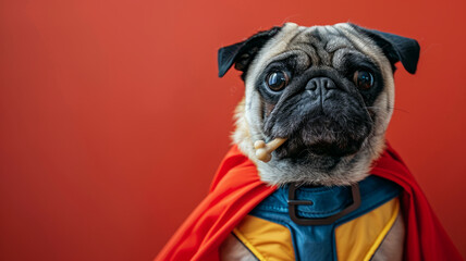 Pug in superhero costume with red cape.