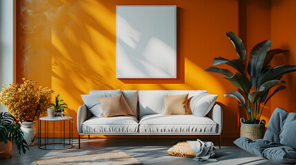 A beautiful 3D mockup of a canvas frame in a contemporary living space 