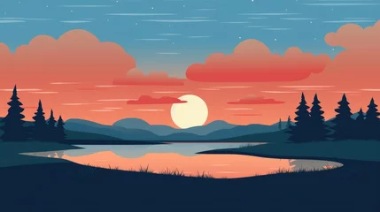 Raamstickers beautiful view of sunset over lake wallpaper. A landscape of Sunset over lake. landscape with a lake and mountains in the background. landscape of mountain lake and forest with sunset in evening. © jokerhitam289