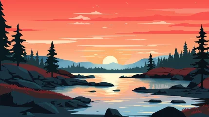 Fotobehang beautiful view of sunset over lake wallpaper. A landscape of Sunset over lake. landscape with a lake and mountains in the background. landscape of mountain lake and forest with sunset in evening. © jokerhitam289