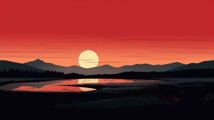 Gartenposter Rouge 2 beautiful view of sunset over lake wallpaper. A landscape of Sunset over lake. landscape with a lake and mountains in the background. landscape of mountain lake and forest with sunset in evening.