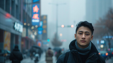 A charismatic young man navigating the busy streets of Chengdu. He has a diamond-shaped face a trendy pompadour hairstyle - obrazy, fototapety, plakaty