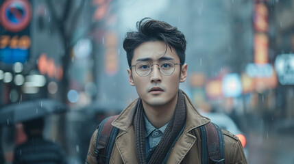 Fototapeta premium A charismatic young man navigating the busy streets of Chengdu. He has a diamond-shaped face a trendy pompadour hairstyle