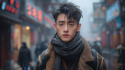 Fototapeta premium A charismatic young man navigating the busy streets of Chengdu. He has a diamond-shaped face a trendy pompadour hairstyle