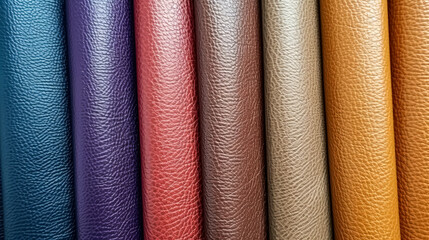 A row of leather items with different colors and textures. The colors include purple, brown, and red