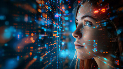 A composite image of a female executive and a digital data matrix