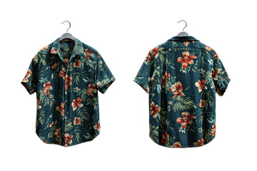 Tropical Elegance: floral Hawaiian shirt hanging on a hanger Isolated on Transparent Background, cut out. PNG