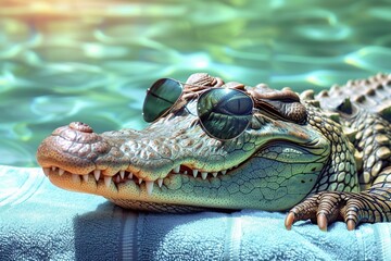 Crocodile in sunglasses on towel near swimming pool, closeup. - obrazy, fototapety, plakaty