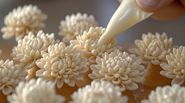 Capturing the artistry in action, a pastry chef meticulously piping cream onto a cake, skillfully forming beautiful floral designs.