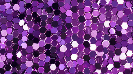 Close-up of shiny objetcs. Abstract violet sparkling Hexagon. Hexagon purple mirrors tiles.