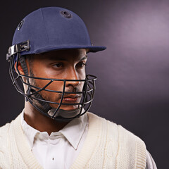 Man, cricket and athlete with sports helmet in studio for professional match, competition or black...
