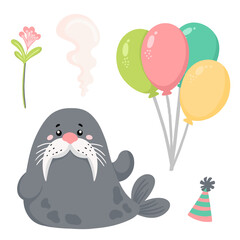 Cheerful festive walrus with balloons and in a festive cap. Children's cute animal with flowers for postcard, banner, business card.