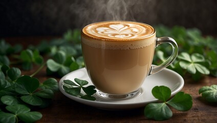 A rich latte with a shamrock design on top, set against a backdrop of misty clover leaves. AI generated