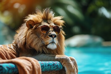 a Lion in sunglasses lying on the sun lounger in the pool