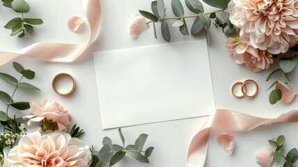 Wedding Rings and Flowers on White Background