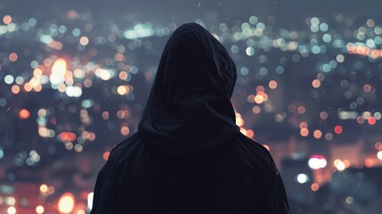  a anonymous faceless man in a hood on the roof of a night city with blurry lights - obrazy, fototapety, plakaty