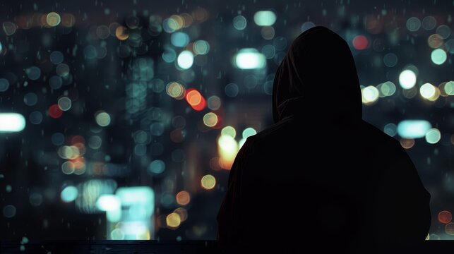 a anonymous faceless man in a hood on the roof of a night city with blurry lights
