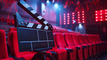 A film movie scene featuring a clapperboard and film reels set in a vintage cinema with classic red theater seats and dim lighting - obrazy, fototapety, plakaty