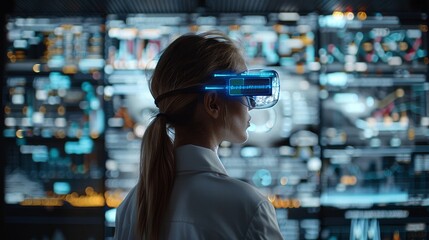 A businesswoman using augmented reality technology in her workspace, with digital holograms and data visualizations visible