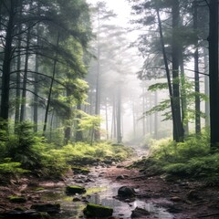 Stream Flowing Through Dense Forest With Towering Trees. Generative AI.