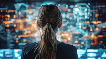 A businesswoman using augmented reality technology in her workspace, with digital holograms and data visualizations visible