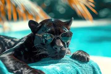 Foto op Canvas black panther in sunglasses lying on a lounger by the pool © Obsidian