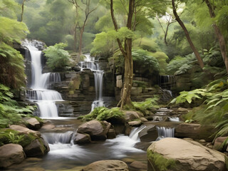 A gentle waterfall cascades over rocks - obrazy, fototapety, plakaty